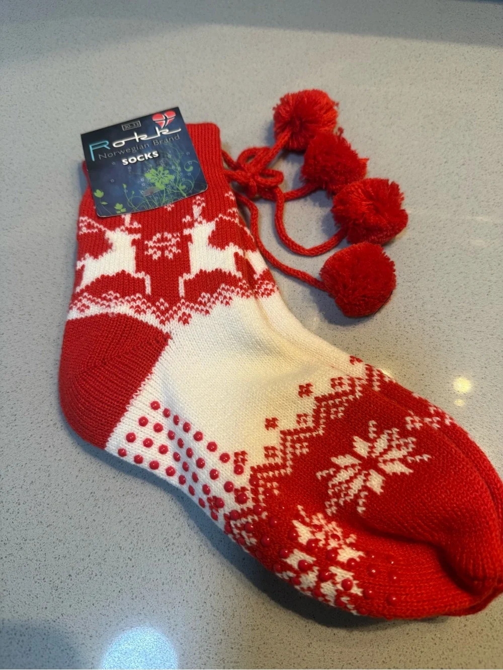 Røbek Norwegian-Style Red & White Pom-Pom Fair Isle Socks